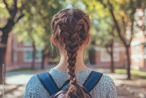 AI Generated - Woman with long hair in a fishtail braid, wearing a backpack, standing in front of a backdrop of trees and buildings. Professional stock photography for commercial use. High-resolution.