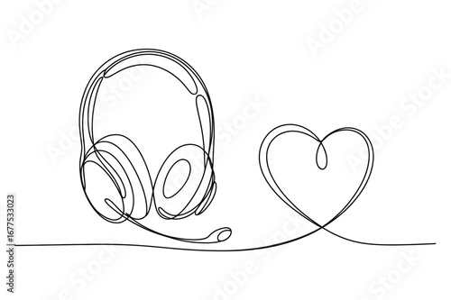 Continuous Line Drawing of a Headset with a Heart | Vector Illustration for a Call Center and a Support.