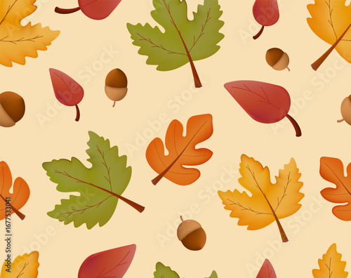 Fashionable Autumn seamless pattern with autumn leaves and plants. Modern autumn poster in warm color. Autumn background