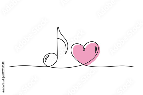 Continuous Line Drawing of a Music Note and a Heart | Vector Illustration for a Song and a Love.