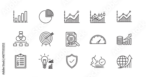 Business graphs and charts line art icon bundle illustration