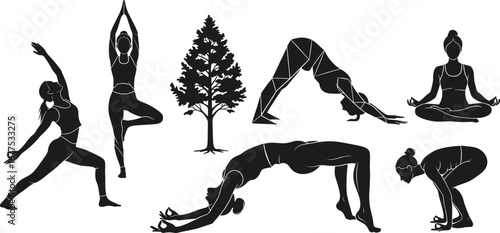 Yoga silhouette vector set, multiple poses with tree, warrior pose, tree pose, meditation, flexibility, wellness, balance, fitness design, exercise illustration, nature connection