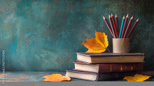 AI Generated - Stack of books sitting on top of a wooden table, with a few leaves scattered around them. Commercial illustration artwork for business applications. High-resolution. Premium quality.