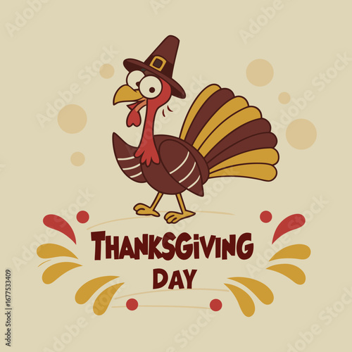 Cartoon turkey wearing a pilgrim hat celebrates thanksgiving day