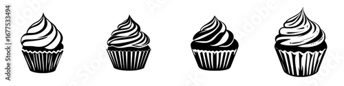Minimalist black-and-white vector illustration showcasing a variety of delicious cupcakes in simple silhouette style