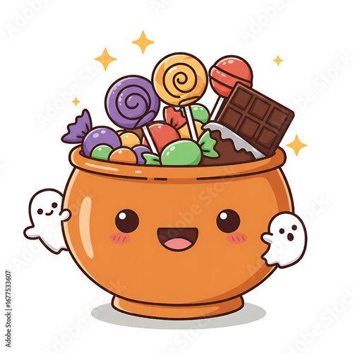 Cute Halloween Candy Bowl with Ghosts, Sweets, and Treats Illustration