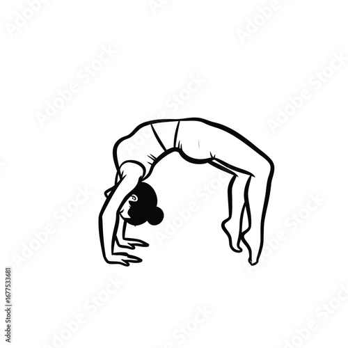 A black and white line drawing of a woman in a deep backbend, performing the Urdhva Dhanurasana or Wheel Pose in yoga.