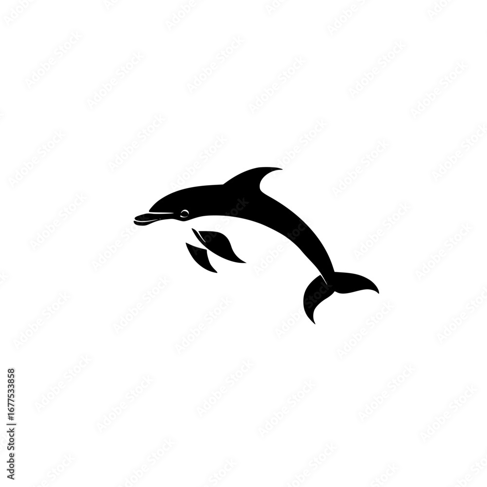 Fototapeta premium Dolphin silhouette jumping gracefully above water in minimalist black-and-white vector illustration