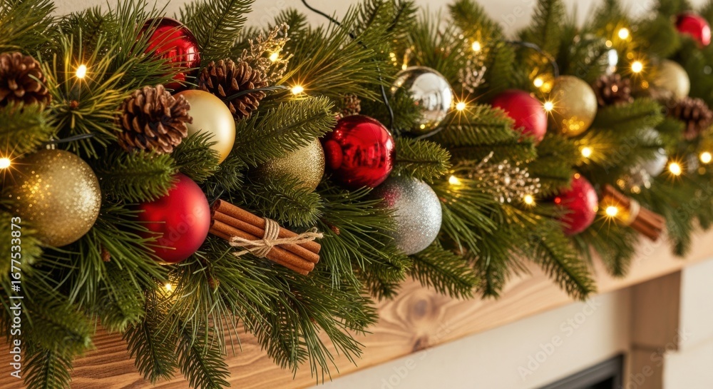 Fototapeta premium Festive Christmas Garland With Ornaments Lights And Pinecones