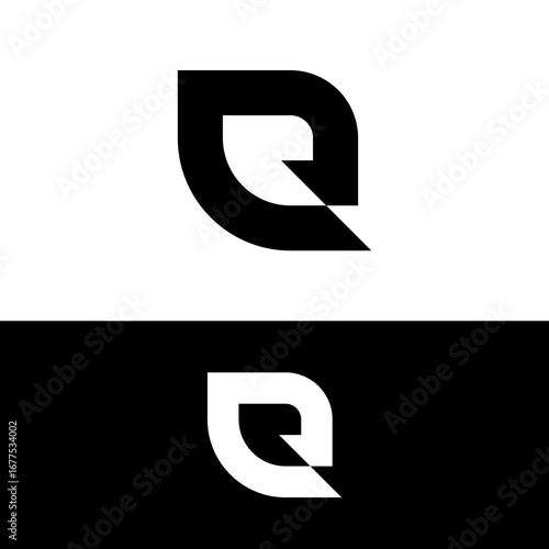 Abstract logo design featuring a stylized leaf or letter Q, presented on both white and black backgrounds.