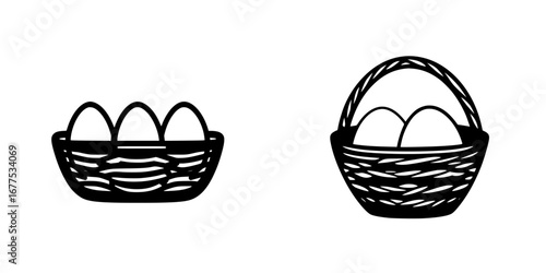 Vector black-and-white minimalist icon featuring two silhouettes of egg baskets placed side by side showcasing simple design elements