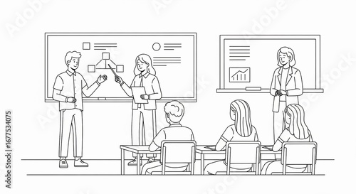 Two teachers lead a classroom presentation with students sitting at desks, illustrating a flowchart on a whiteboard.