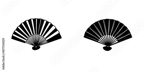 Minimalist black-and-white vector illustration of traditional folding fans with elegant design