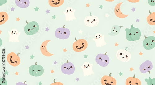 Cute Halloween Pattern Background with Pumpkins Ghosts Moons and Stars