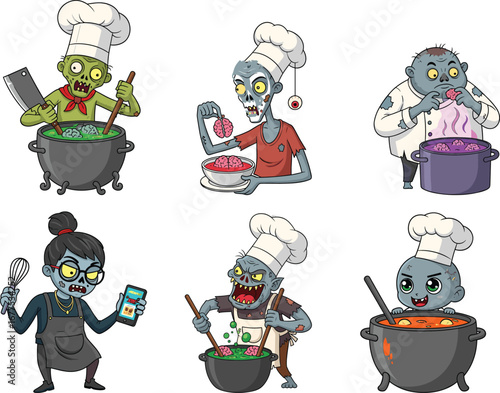 Cartoon zombie chefs cooking brains in kitchen, funny undead characters with pots, aprons, hats, horror food concept vector illustration