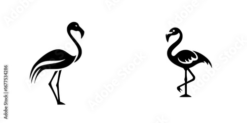 Black and white minimalist vector illustration of flamingos standing elegantly in a simplistic silhouette style