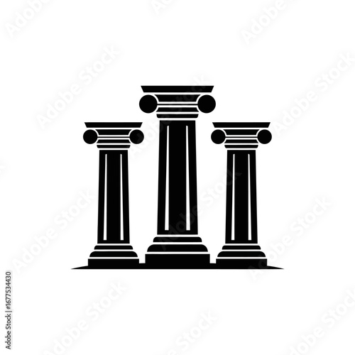Three black ionic columns standing side by side in a symmetrical arrangement on a white background