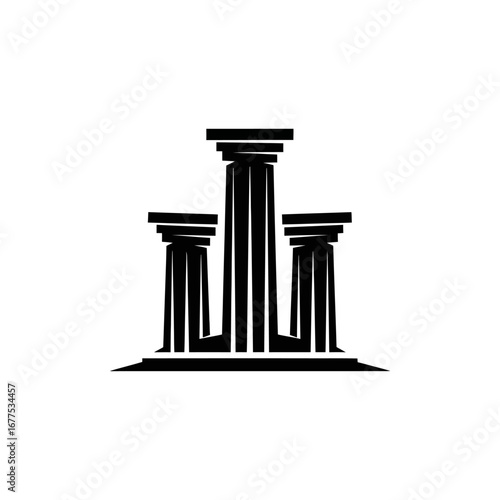 Three black and white ionic columns stand tall against a plain white background in a minimalist design