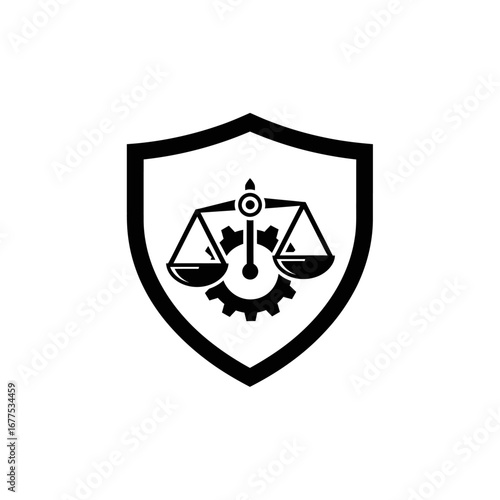 Illustration of a shield containing a scale of justice above a gear in black and white design