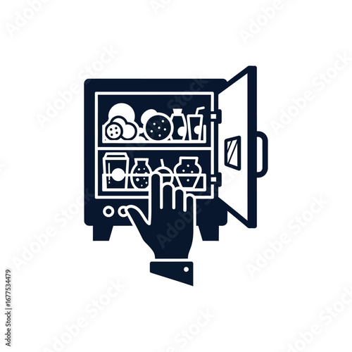 Hand reaching into a vending machine filled with snacks and drinks in a dark blue silhouette style