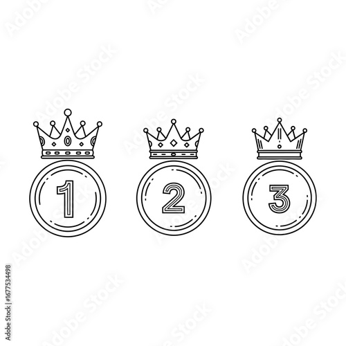 First second and third place winner medals with crowns in black and white outline illustration style