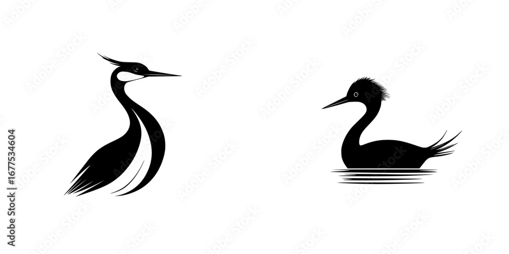 Obraz premium Minimalist black-and-white vector illustration featuring two water birds in silhouette