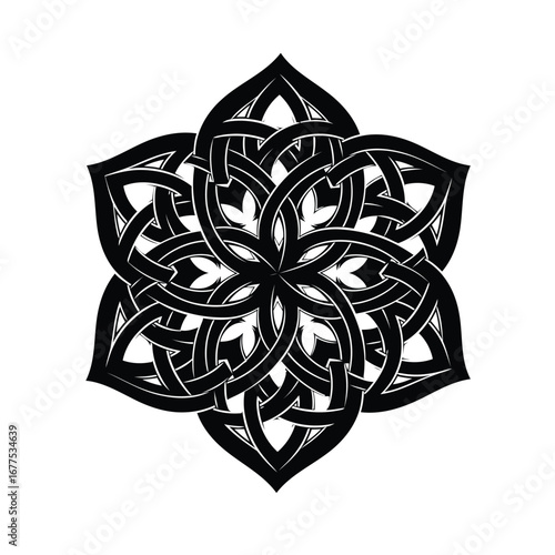 Intricate black and white Celtic knotwork flower design.