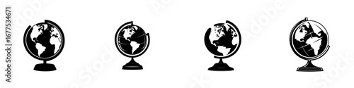 Illustration of four minimalist black-and-white globes showcasing different perspectives of Earth
