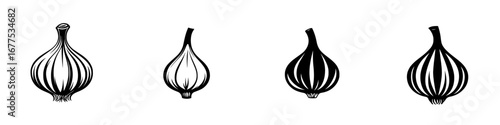 Stylized black-and-white vector illustration of garlic bulbs showcasing minimalist design