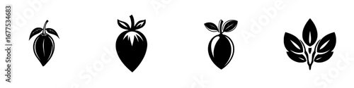 Minimalist black-and-white vector illustrations of various fruit seeds and leaves in a simple silhouette style
