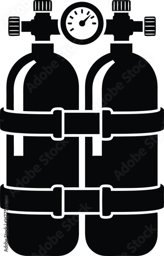 Black and white graphic illustration of a scuba diving air tank with pressure gauge