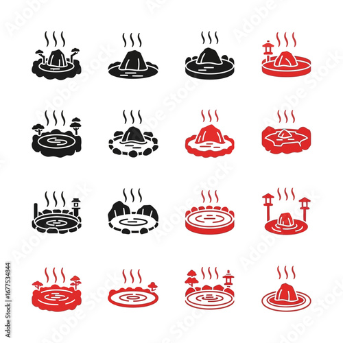 Collection of hot spring onsen icons in black and red with steam rising in twelve different variations