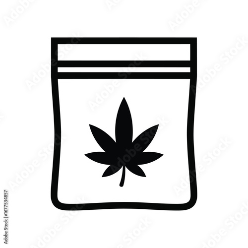 A black and white illustration of a plastic bag with a cannabis leaf symbol on it.