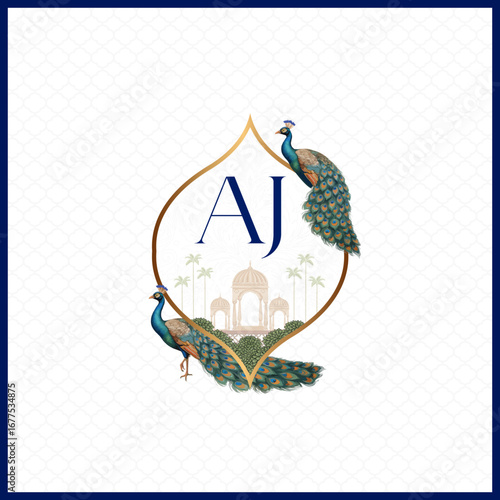 Elegant Indian wedding logo design with royal peacocks, palace motif, and luxury monogram style. Perfect for invitations, events, and premium branding.