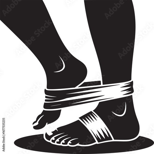 A black and white graphic of feet bound with cloth standing on a flat black surface illustration