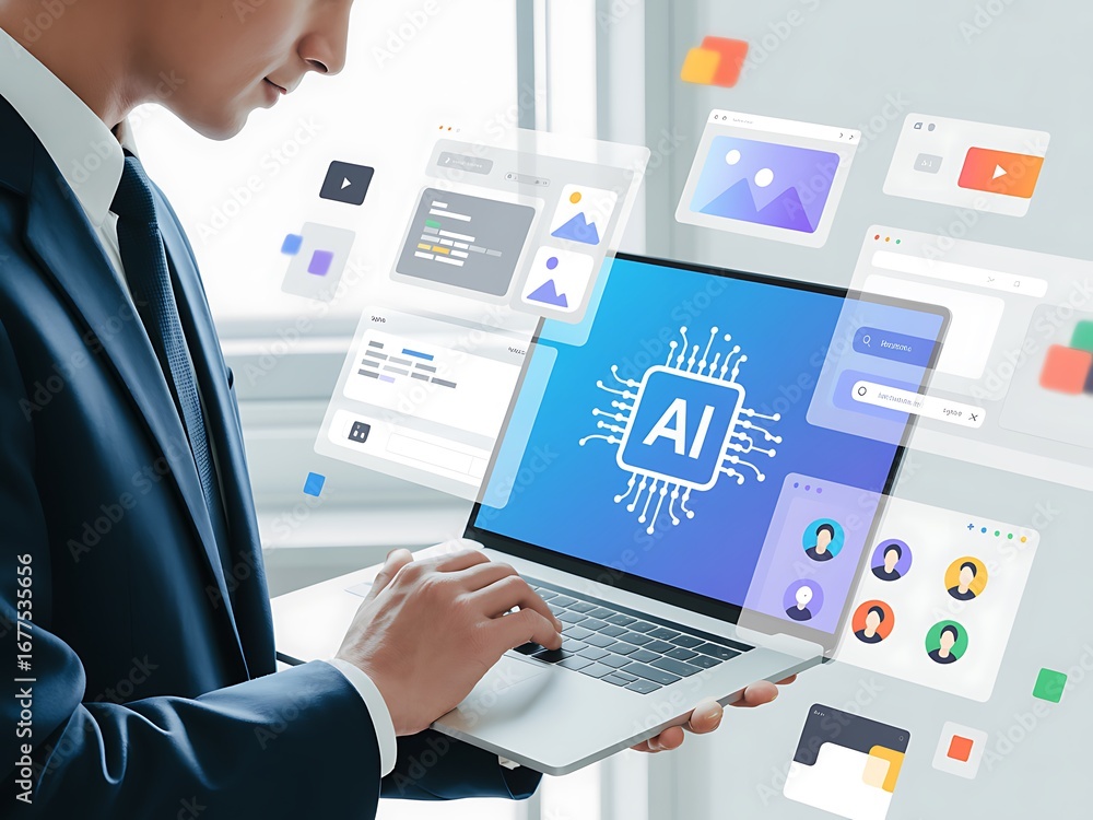 Fototapeta premium Man in suit using laptop with A I interface and floating windows