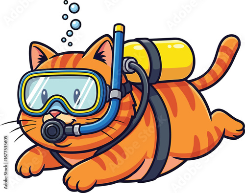 Cartoon orange cat with scuba gear swimming underwater with bubbles