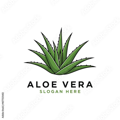A vibrant green Aloe Vera plant illustration, designed as a logo with placeholder text for a slogan.