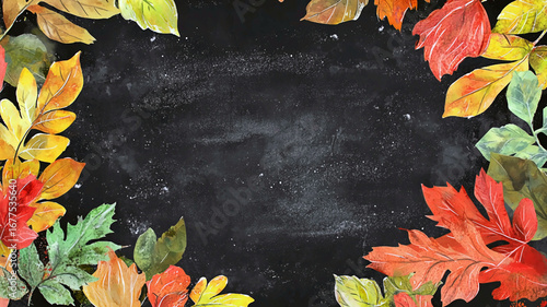 AI Generated - Blackboard with colorful autumn leaves scattered across it, creating a vibrant and eye-catching display. Commercial illustration artwork for business applications. High-resolution.