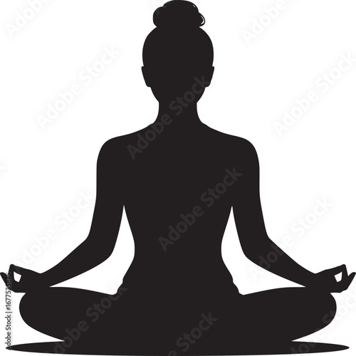 Silhouette of a woman in a lotus position meditating with a top knot against a white background