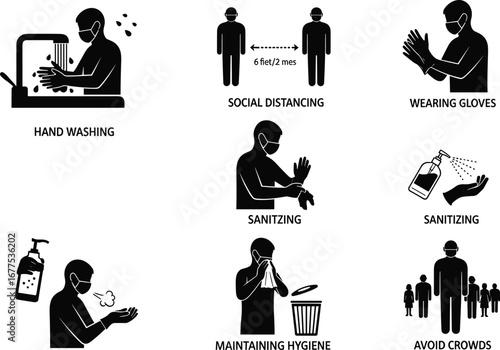 PrintHealth safety vector illustration showing hand washing, sanitizing, wearing gloves, maintaining hygiene, avoiding crowds, and practicing social distancing measures.