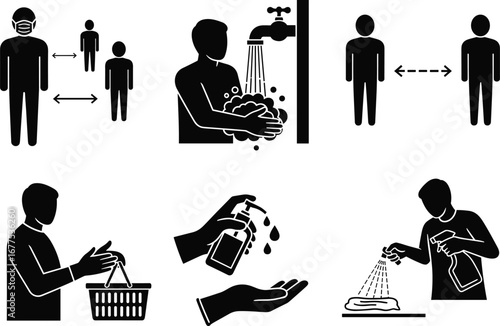PrintHealth safety vector illustration, showing hand washing, social distancing, sanitizing, disinfection, shopping precautions, and pandemic prevention steps, for hygiene and virus protection.