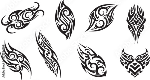 A diverse collection of black and white tribal tattoo designs, featuring abstract Polynesian and Maori style vector illustrations for creative expression