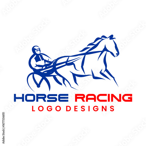 Vector logo illustration of a harness horse racing competition with a jockey in a sulky. Abstract equestrian sport design element
