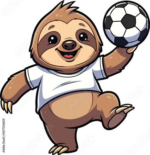 Cheerful cartoon sloth wearing a t-shirt raising a soccer ball for playful fun