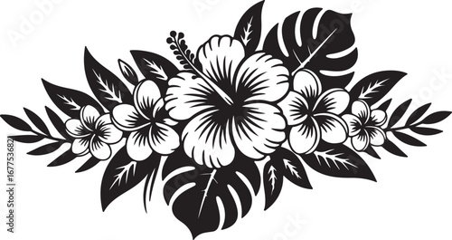 Black and White Tropical Flower and Leaf Arrangement with Hibiscus and Plumeria flowers floral