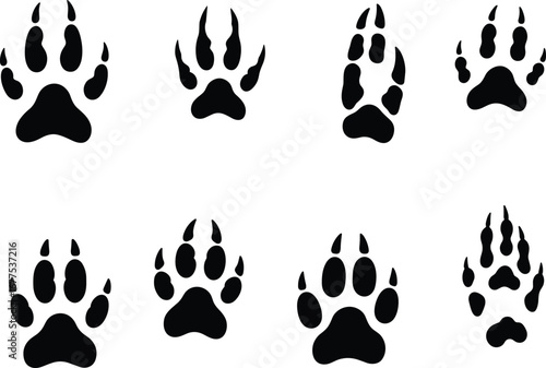 PrintWild animal paw print vector set, includes various black silhouette tracks of forest animals for nature, hunting, and wildlife design