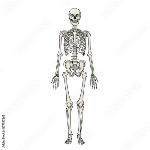Anatomical illustration of a full human skeleton in an anterior view, standing upright against a plain white background.