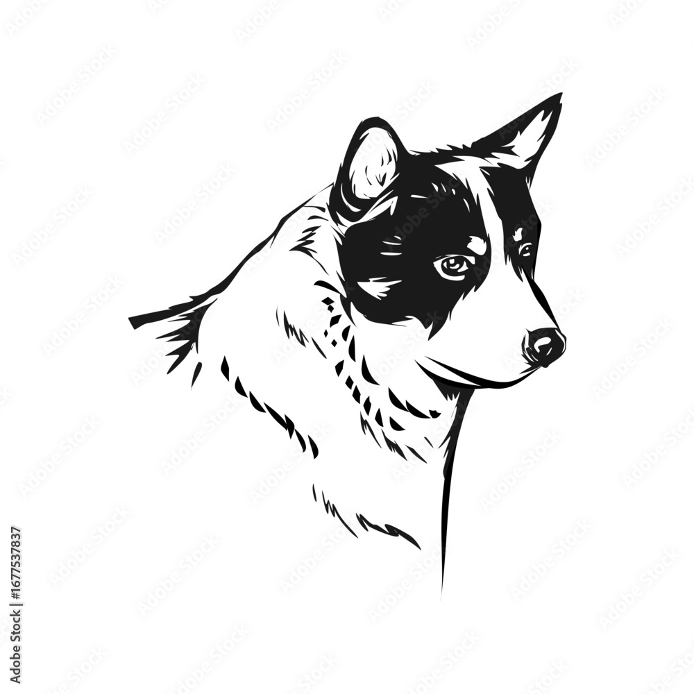 Fototapeta premium Hand-drawn vector portrait of a beautiful dog head in a black and white ink sketch style. Isolated illustration for pet logo design or veterinary