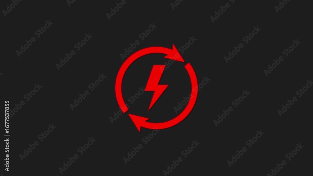 Obraz premium Red lightning bolt symbol with circular arrows indicating renewable energy or electrical power generation on a dark background